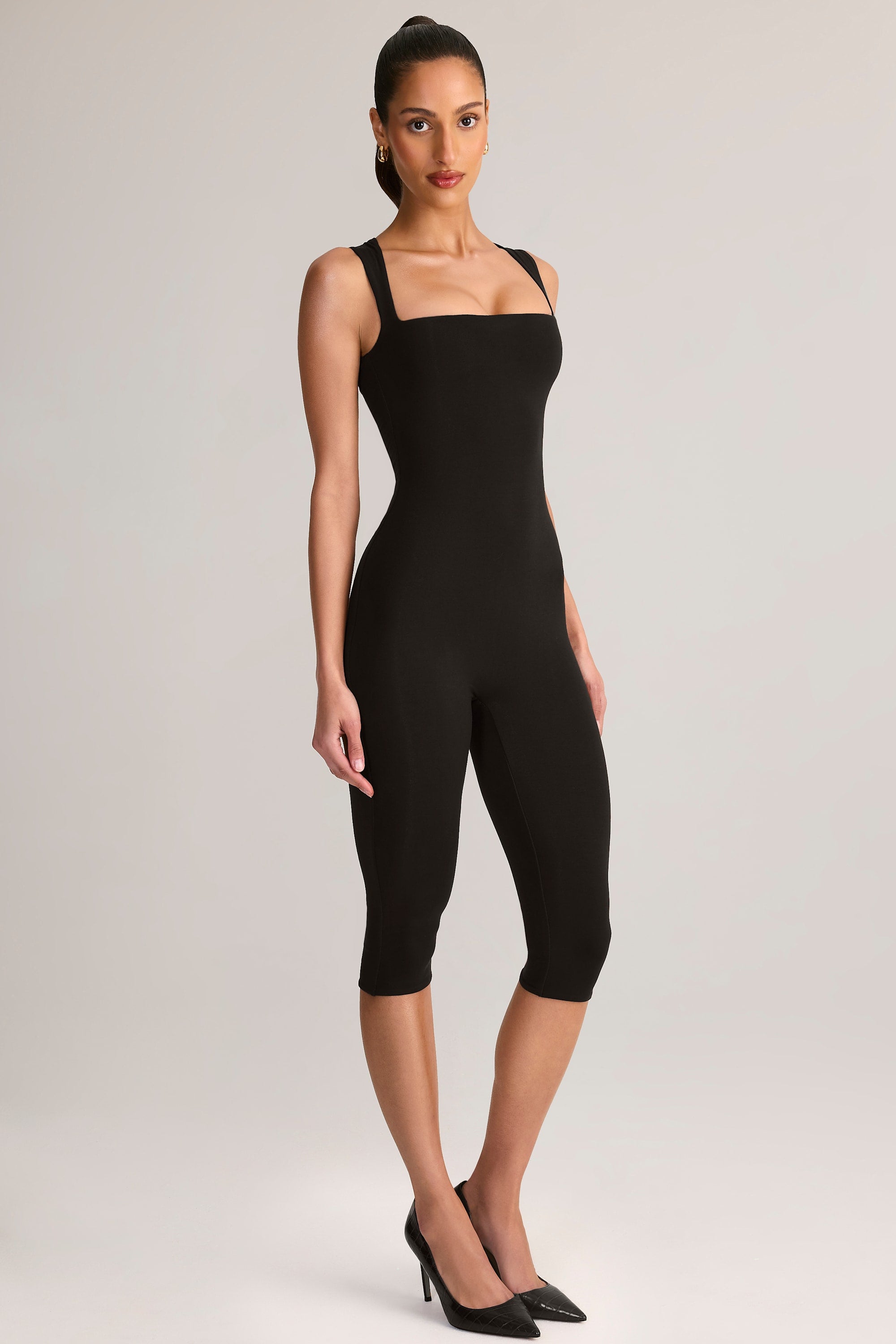 Modal Square-Neck Bodycon Capri Jumpsuit in Black