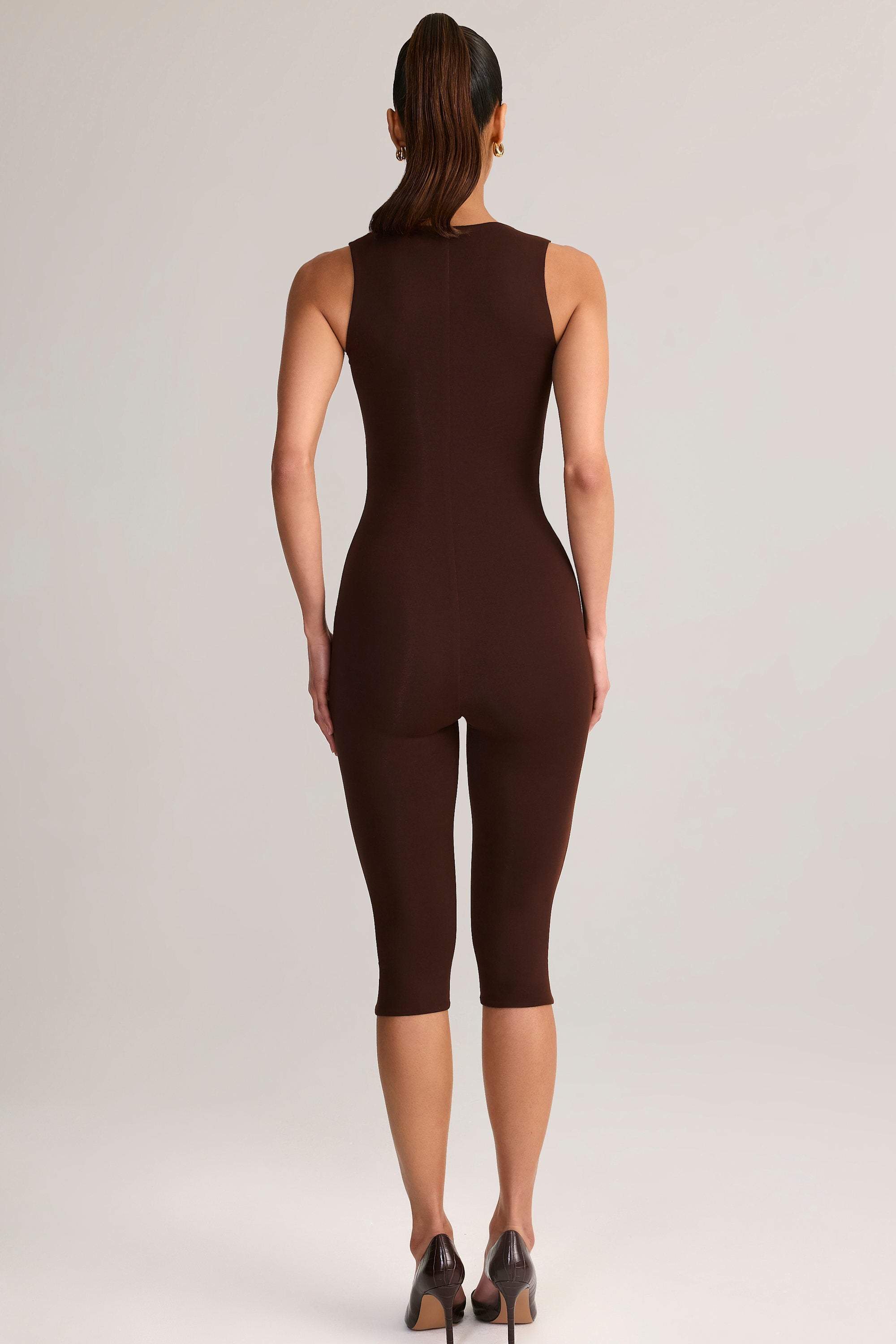 Modal Square-Neck Bodycon Capri Jumpsuit in Chocolate Brown