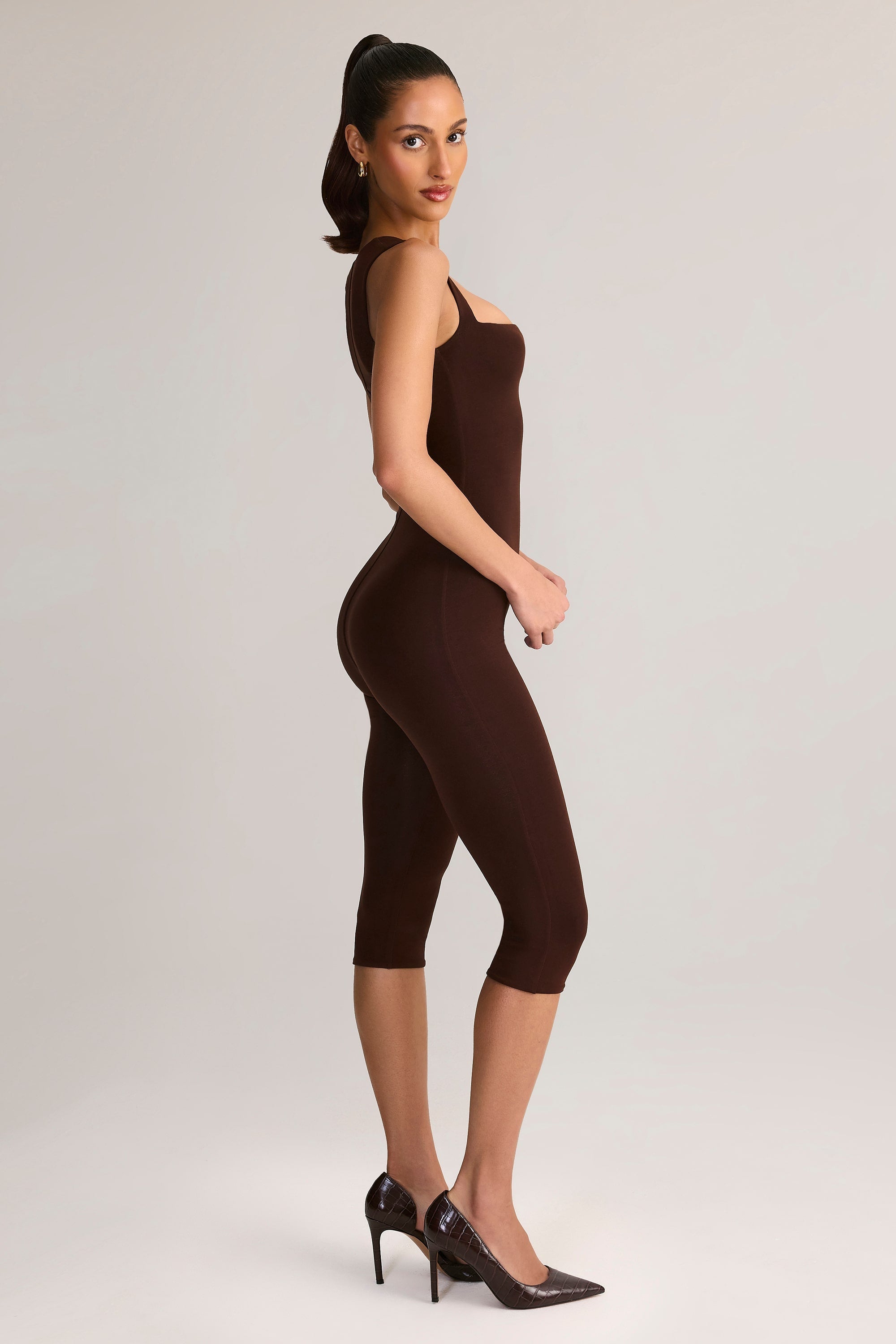 Modal Square-Neck Bodycon Capri Jumpsuit in Chocolate Brown