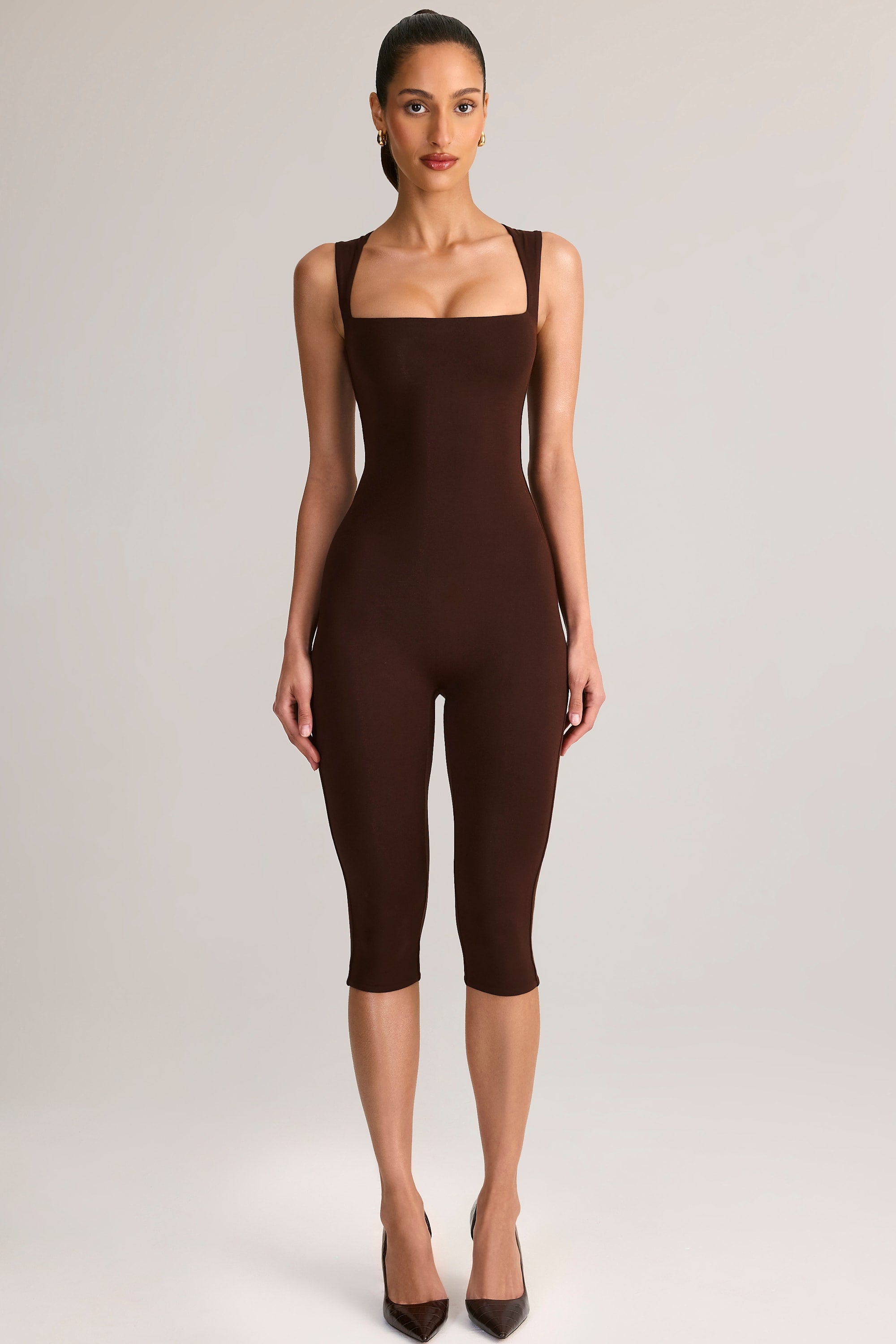 Modal Square-Neck Bodycon Capri Jumpsuit in Chocolate Brown