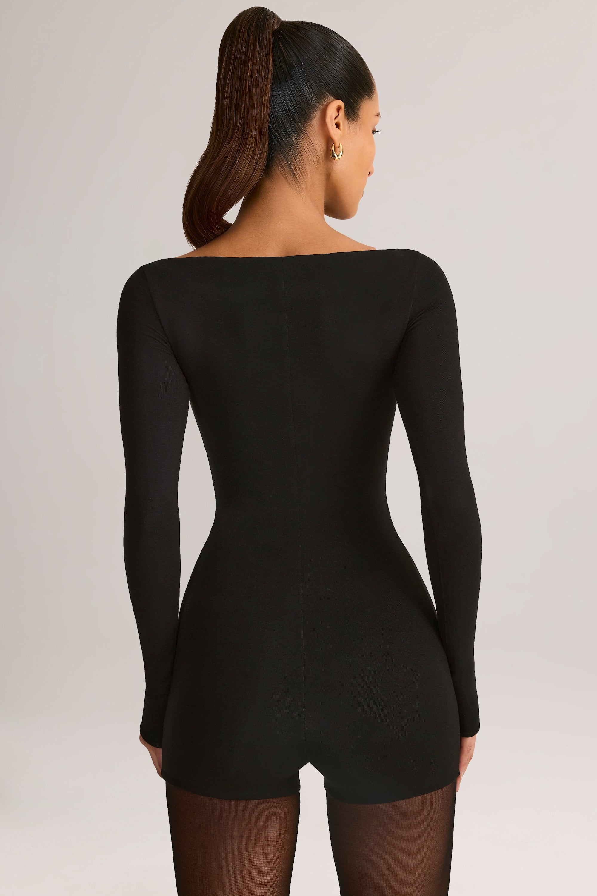 Modal Boat-Neck Long-Sleeve Mini Playsuit in Black