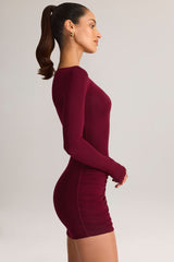 Modal Boat-Neck Draped Long-Sleeve Mini Dress in Wine