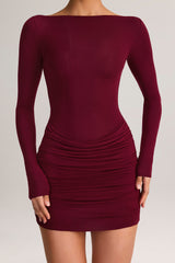 Modal Boat-Neck Draped Long-Sleeve Mini Dress in Wine
