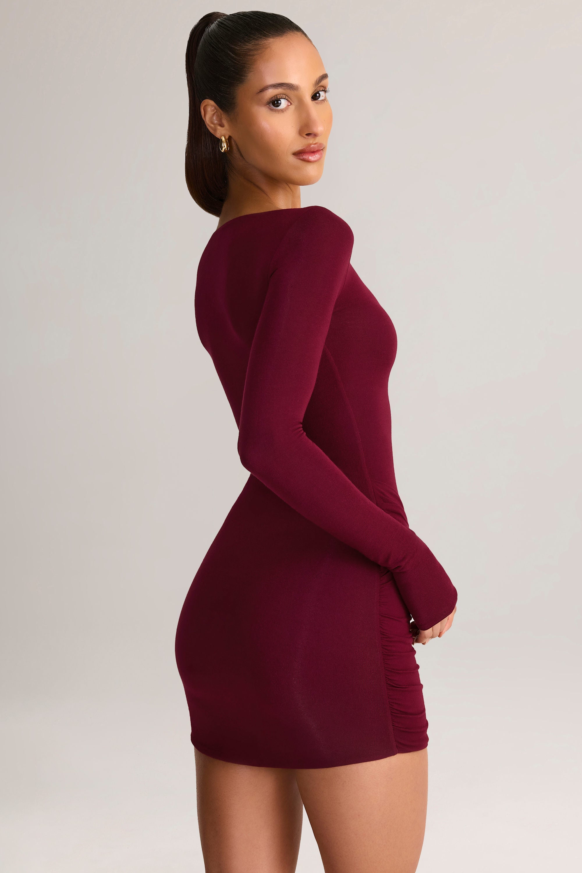 Modal Boat-Neck Draped Long-Sleeve Mini Dress in Wine