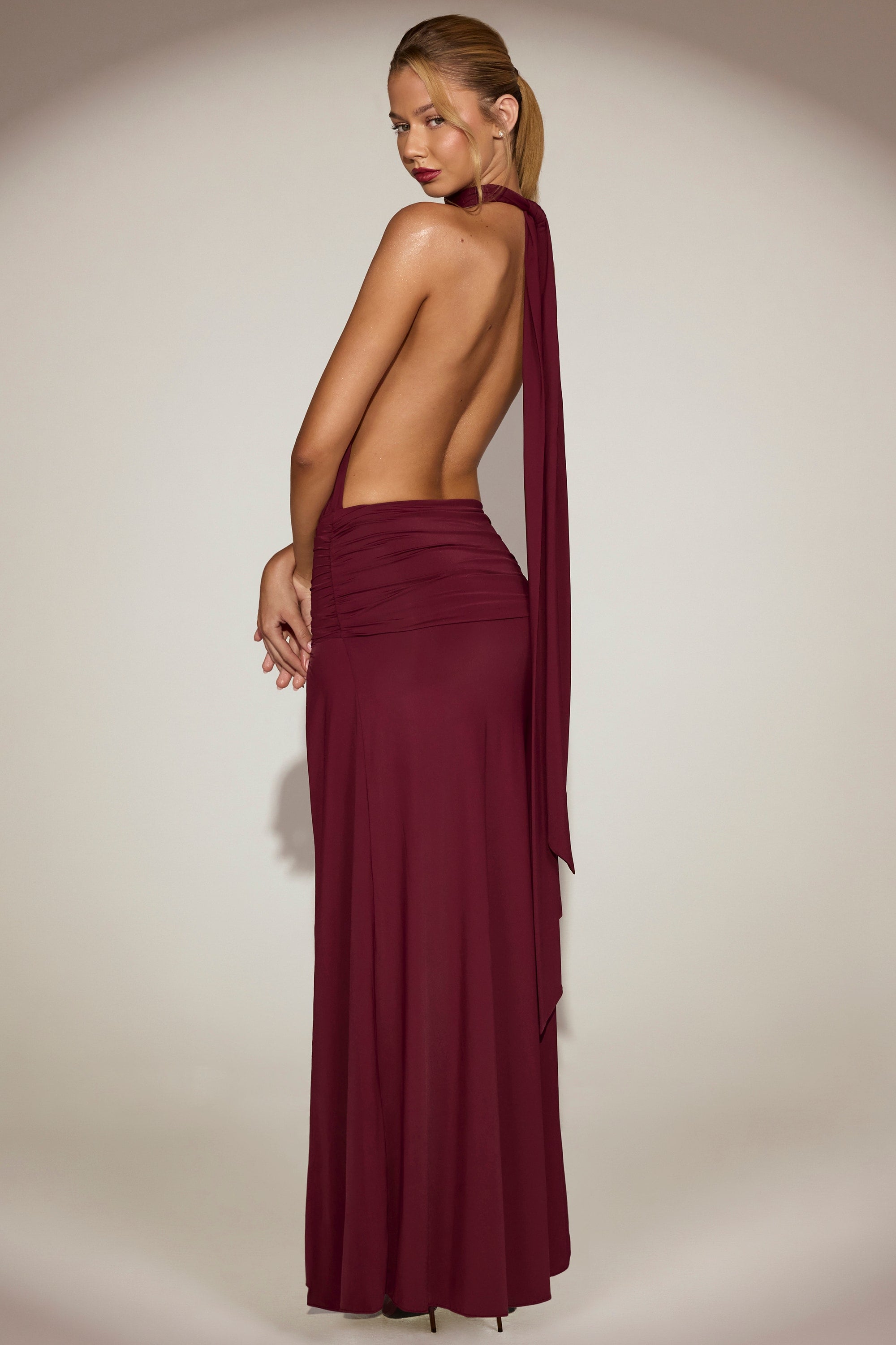 Soft-Jersey Halterneck Backless Maxi Dress in Wine Red