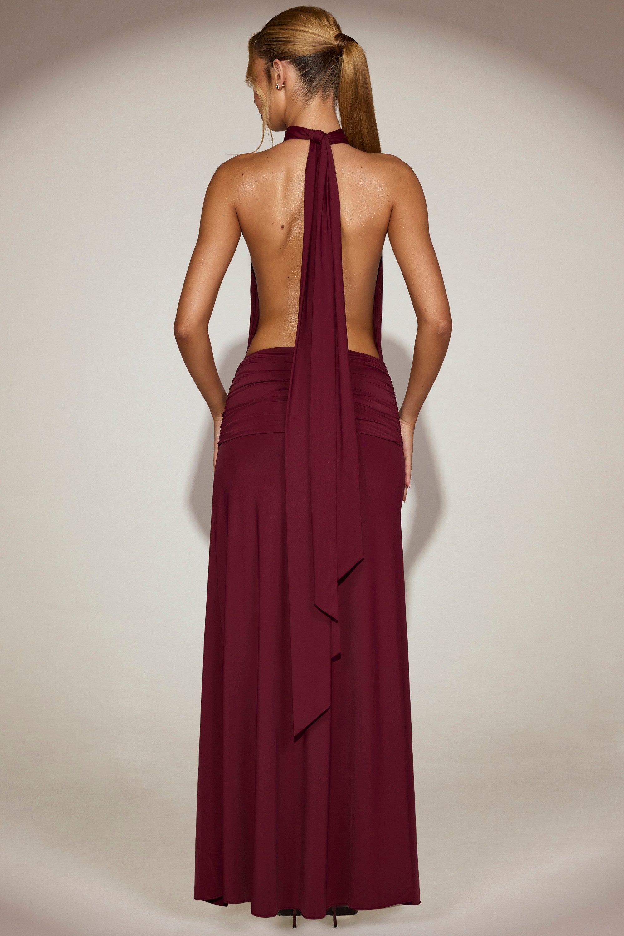 Soft-Jersey Halterneck Backless Maxi Dress in Wine Red