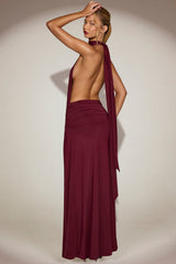 Soft-Jersey Halterneck Backless Maxi Dress in Wine Red