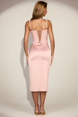 Lace Soft-Scoop Corset Satin Midaxi Dress in Pink