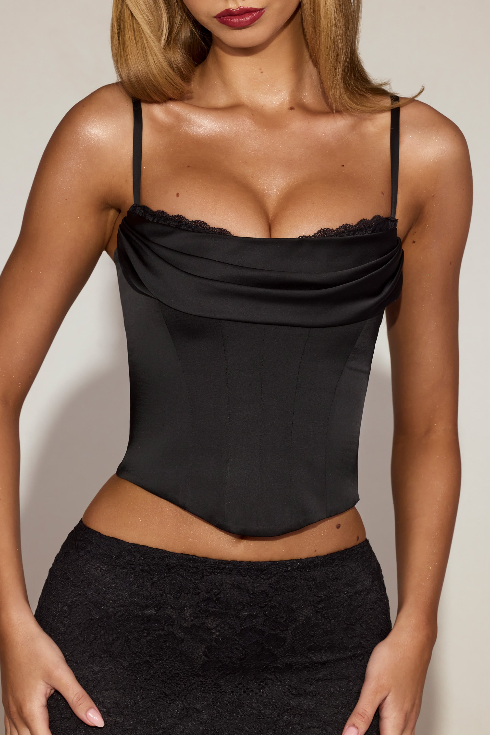 Satin Cowl-Neck Lace-Up Corset Top in Black