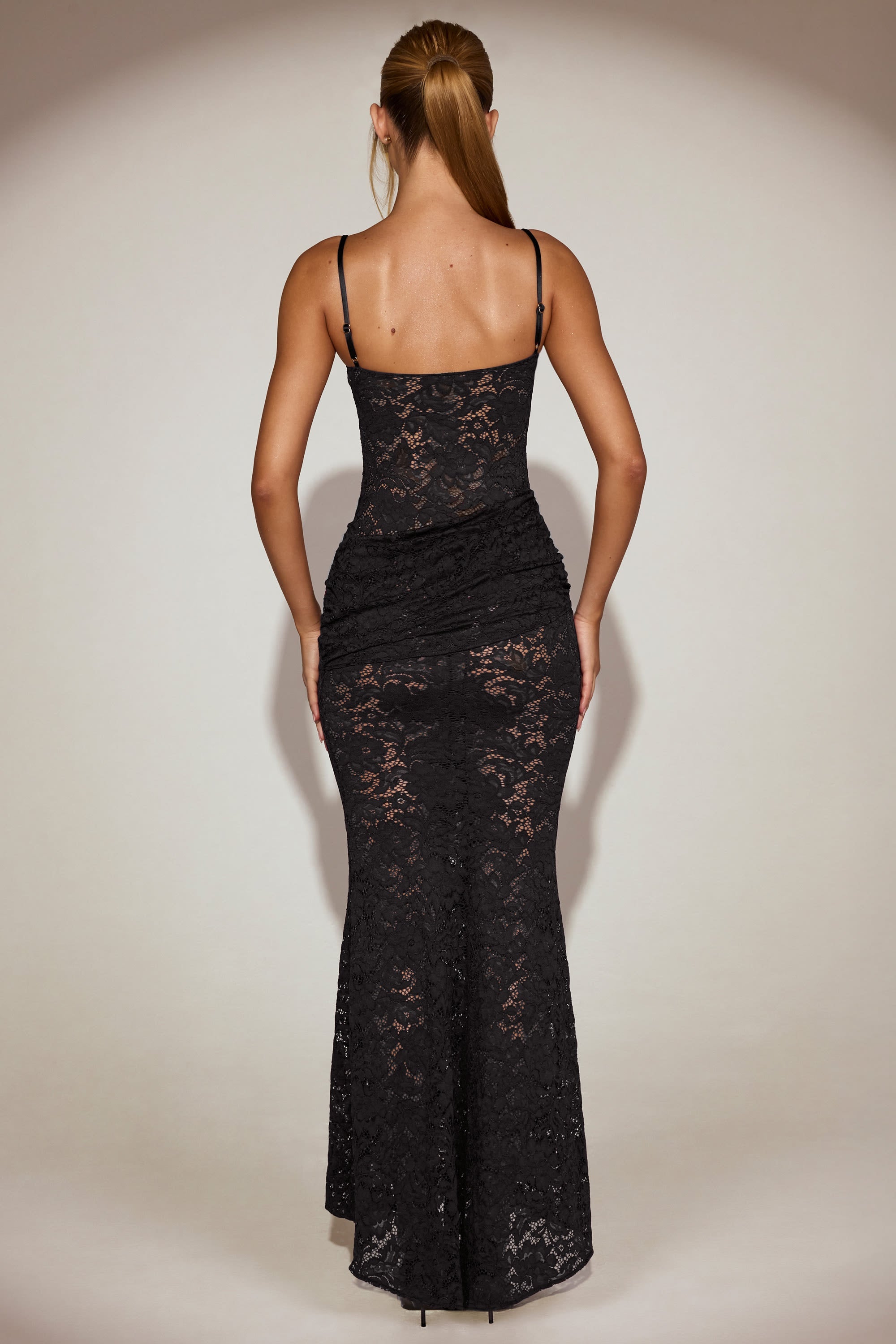 Sheer Lace Square-Neck Ruched Gown in Black