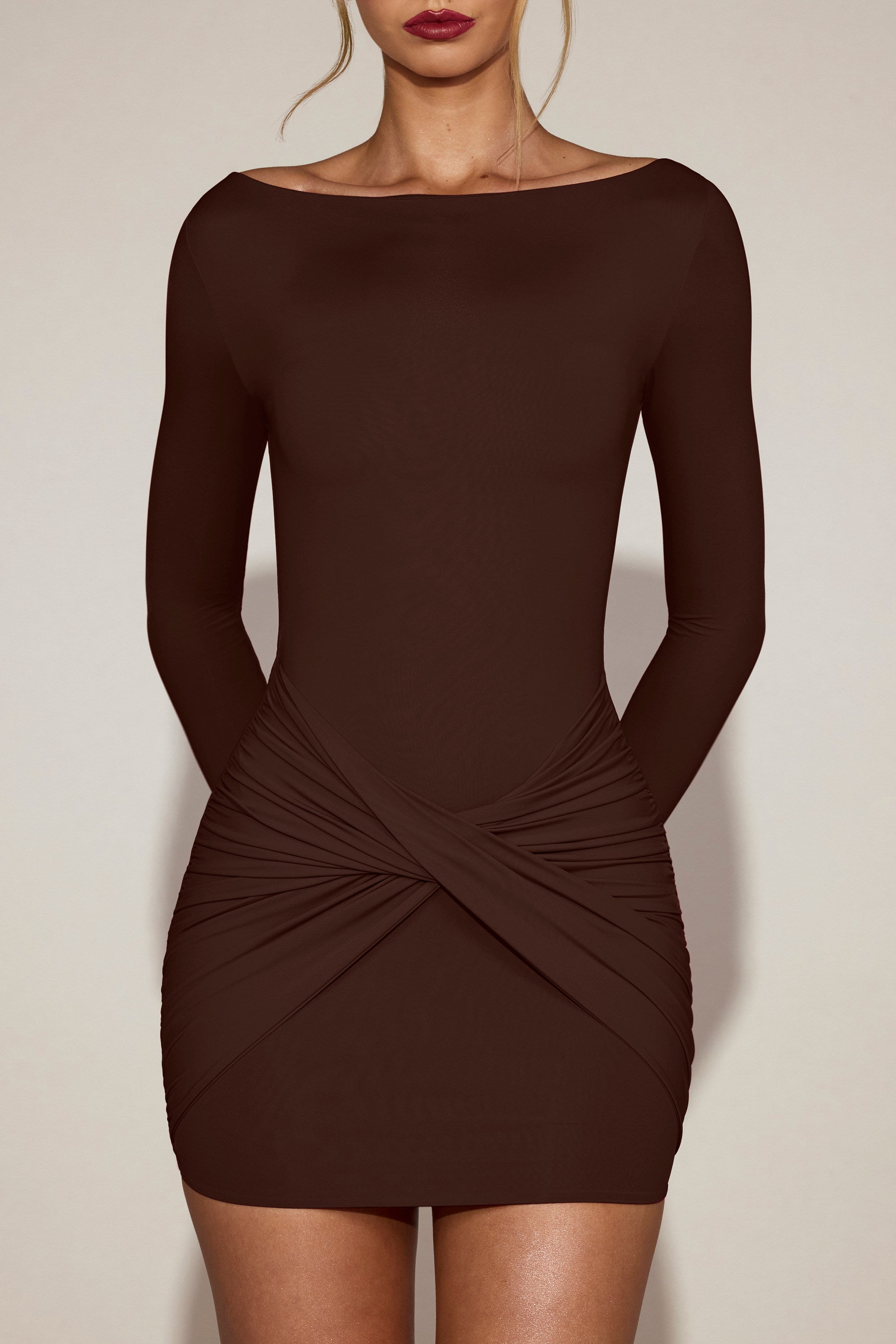 Soft-Jersey Boat-Neck Draped Mini Dress in Chocolate Brown