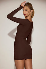 Soft-Jersey Boat-Neck Draped Mini Dress in Chocolate Brown