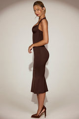 Satin Sweetheart Bustier Fishtail Midaxi Dress in Chocolate Brown