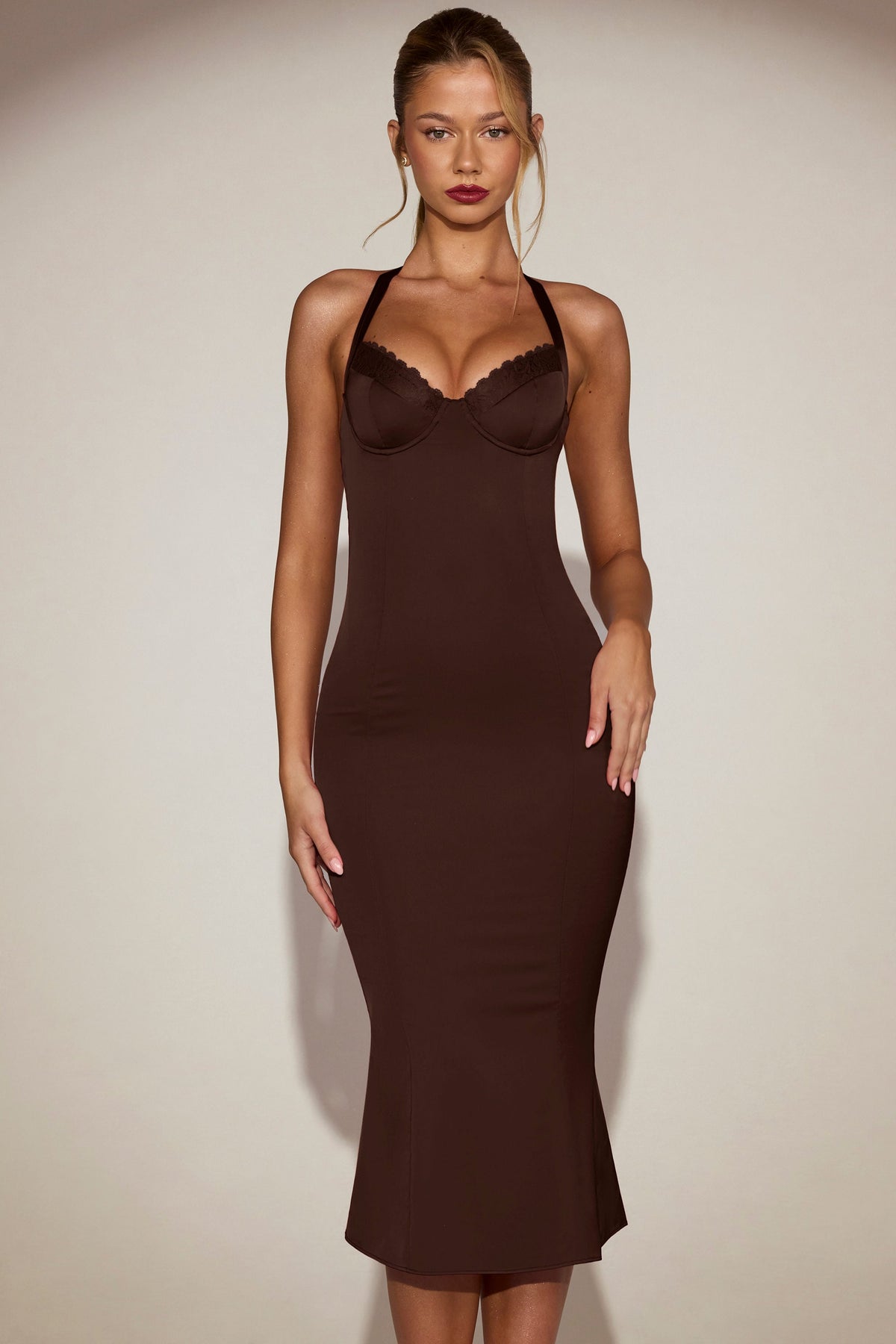 Satin Sweetheart Bustier Fishtail Midaxi Dress in Chocolate Brown