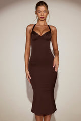 Satin Sweetheart Bustier Fishtail Midaxi Dress in Chocolate Brown
