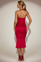 Satin Sweetheart Bustier Fishtail Midaxi Dress in True Red