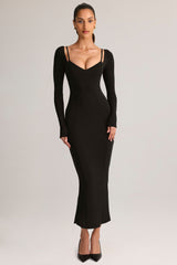 Modal Peekaboo Long-Sleeve Midi Dress in Black