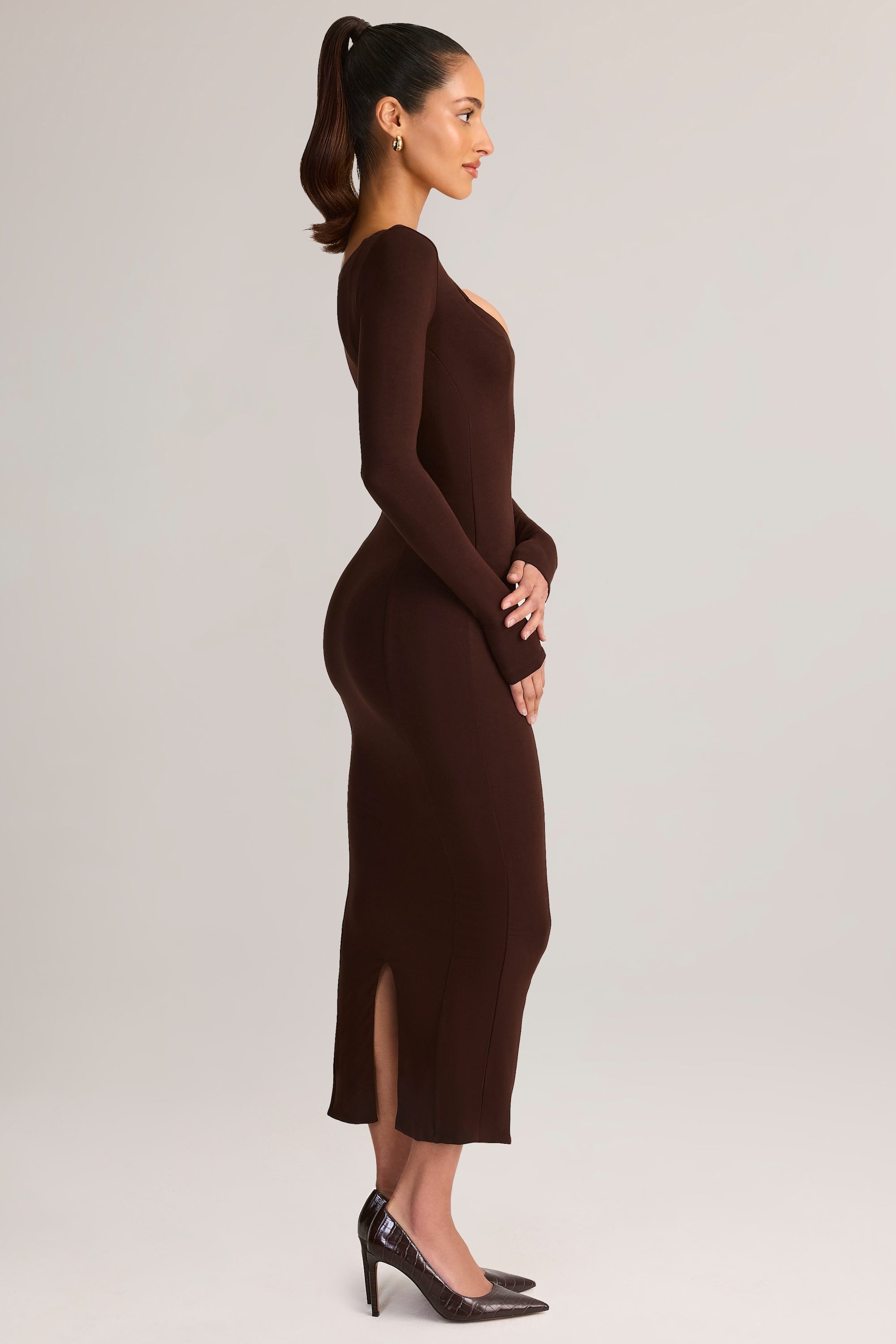 Modal Peekaboo Long-Sleeve Midi Dress in Chocolate Brown