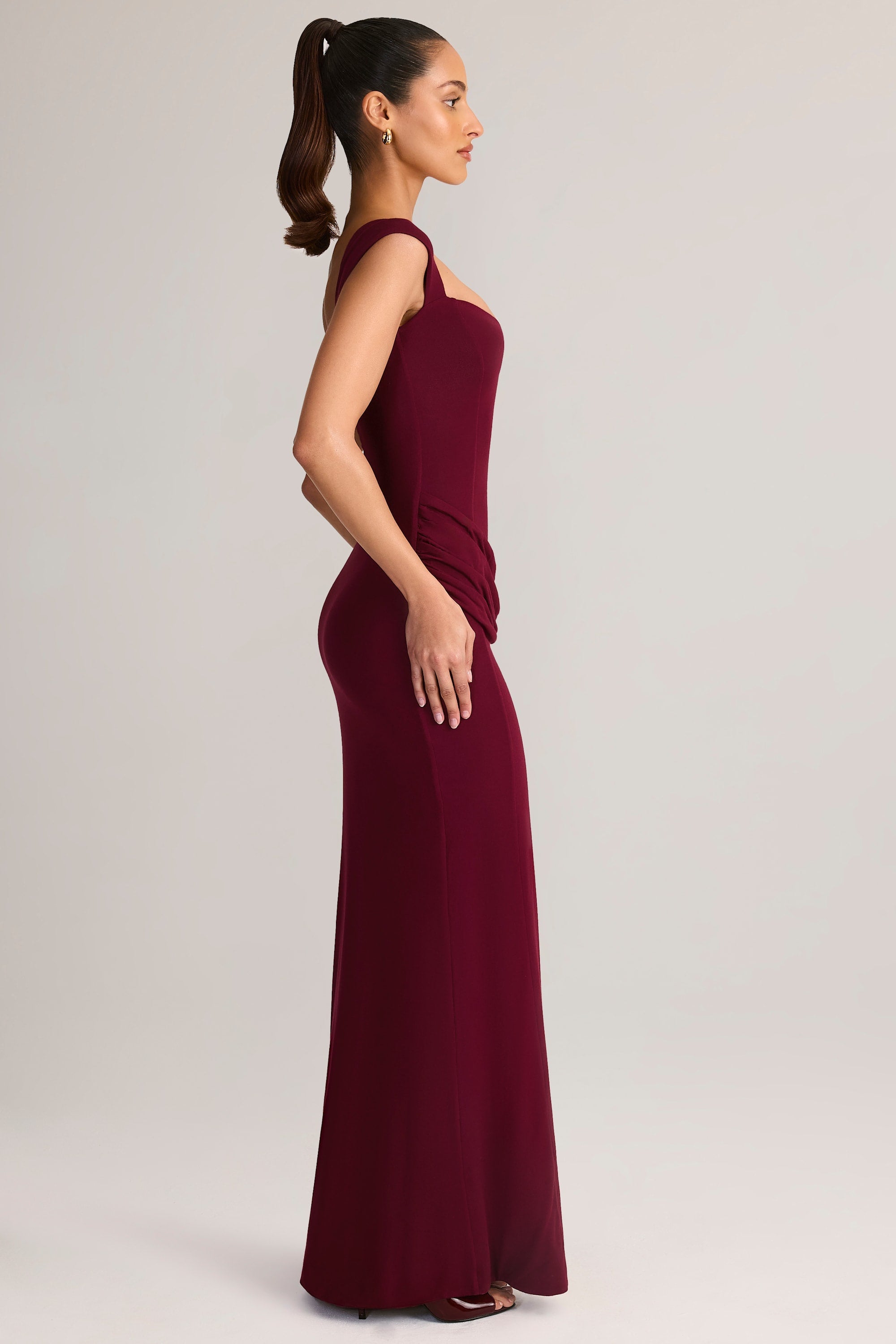 Modal Sweetheart-Neck Cowl-Waist Maxi Dress in Wine