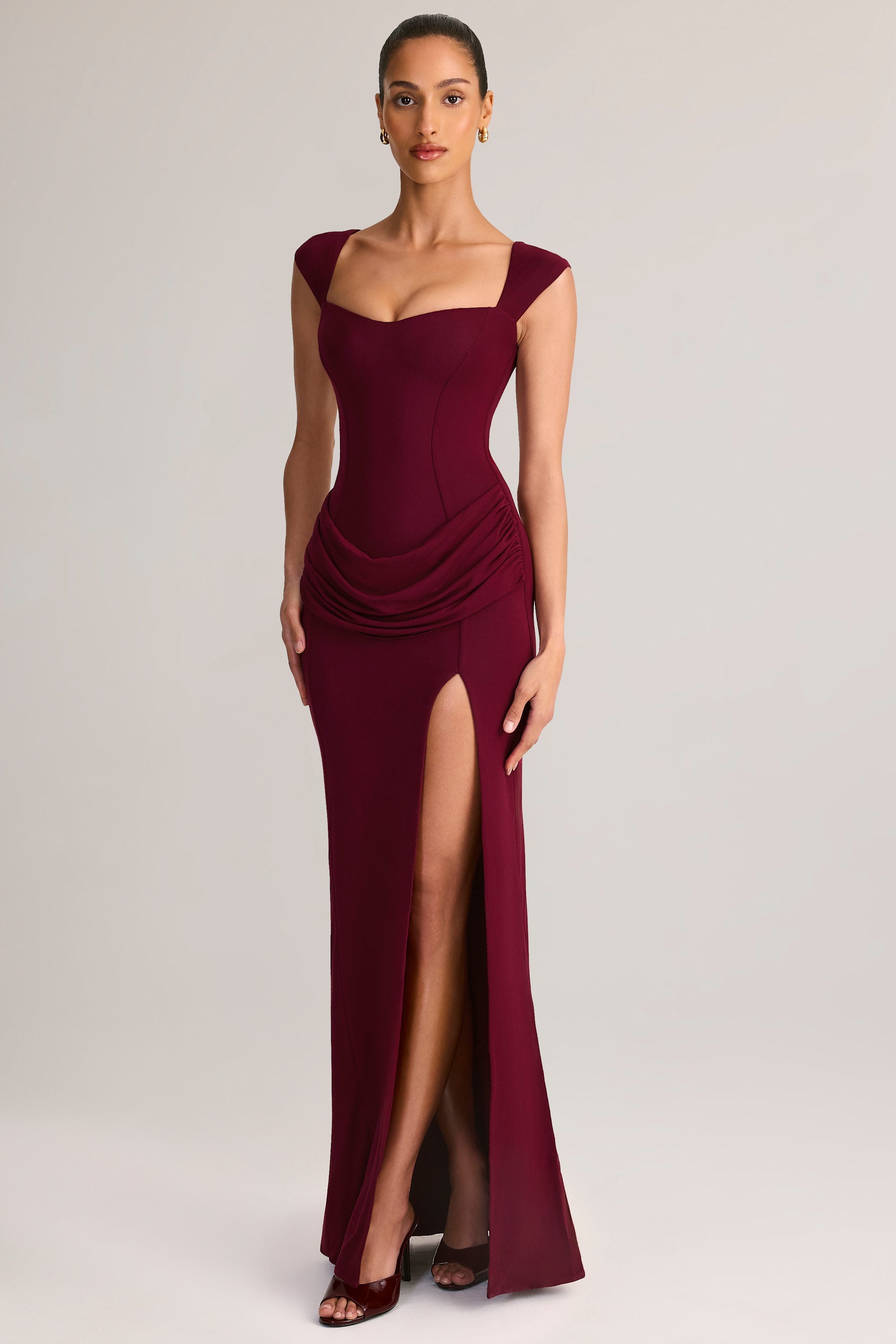 Modal Sweetheart-Neck Cowl-Waist Maxi Dress in Wine
