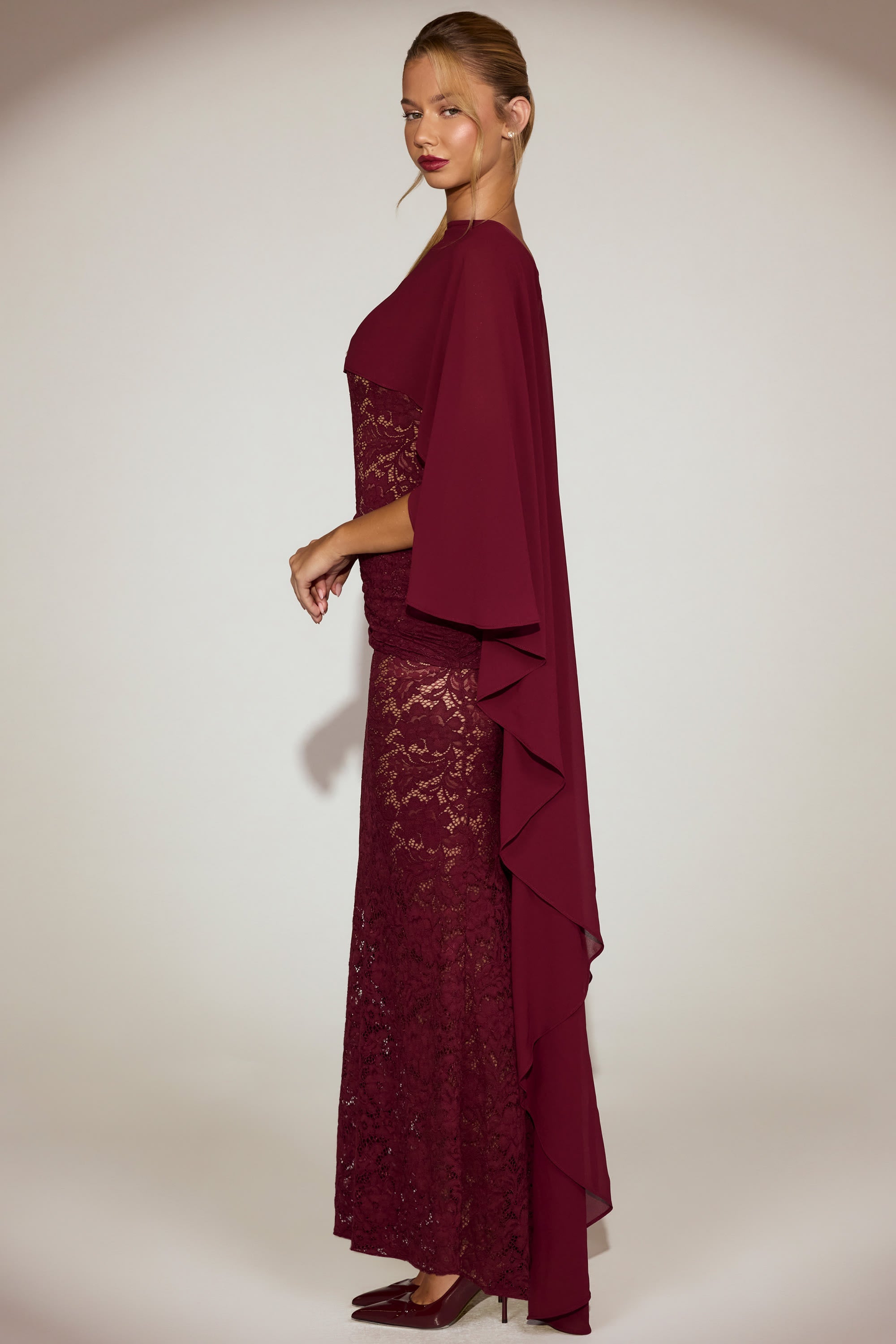 Sheer Chiffon Draped Cape in Wine Red