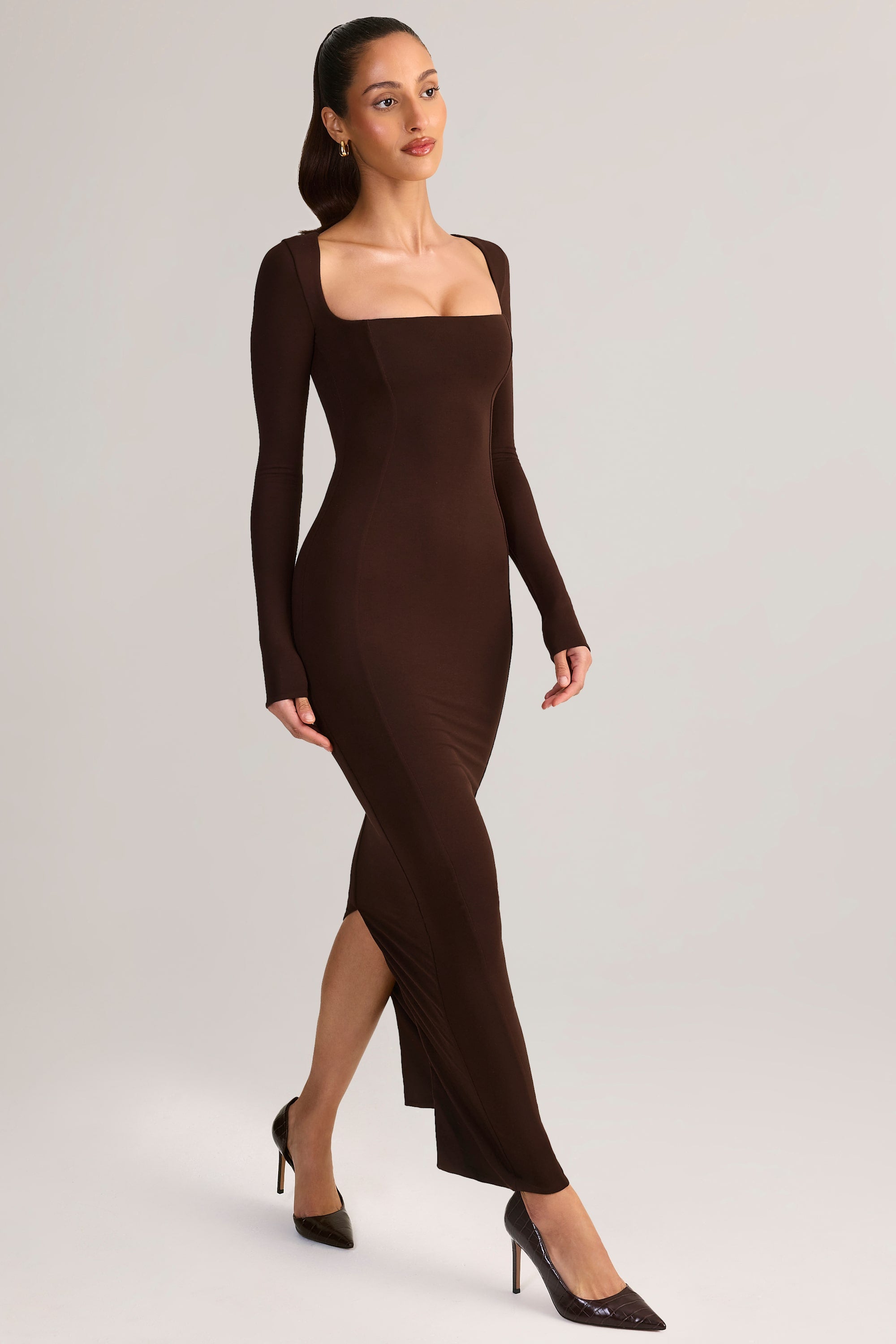 Modal Square-Neck Bodycon Maxi Dress in Chocolate Brown