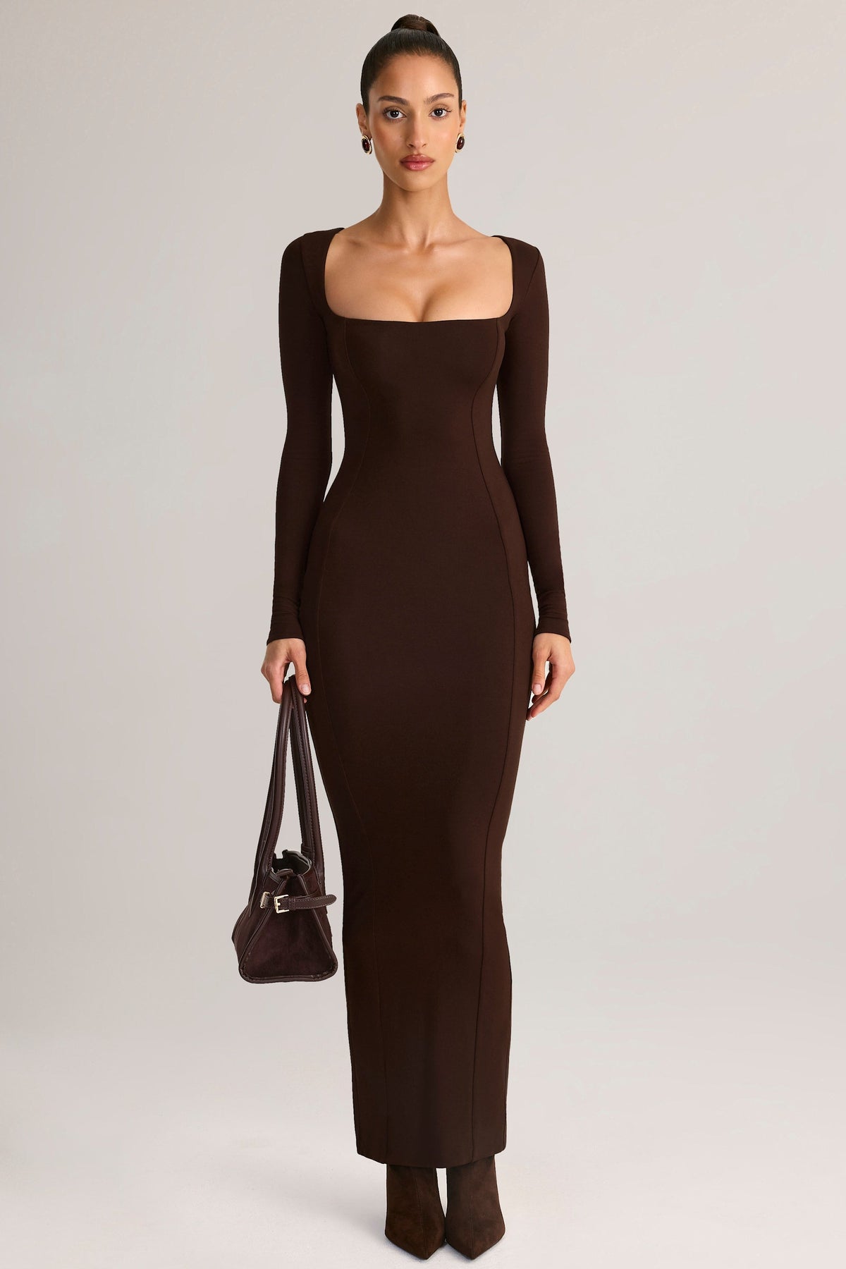 Modal Square-Neck Bodycon Maxi Dress in Chocolate Brown