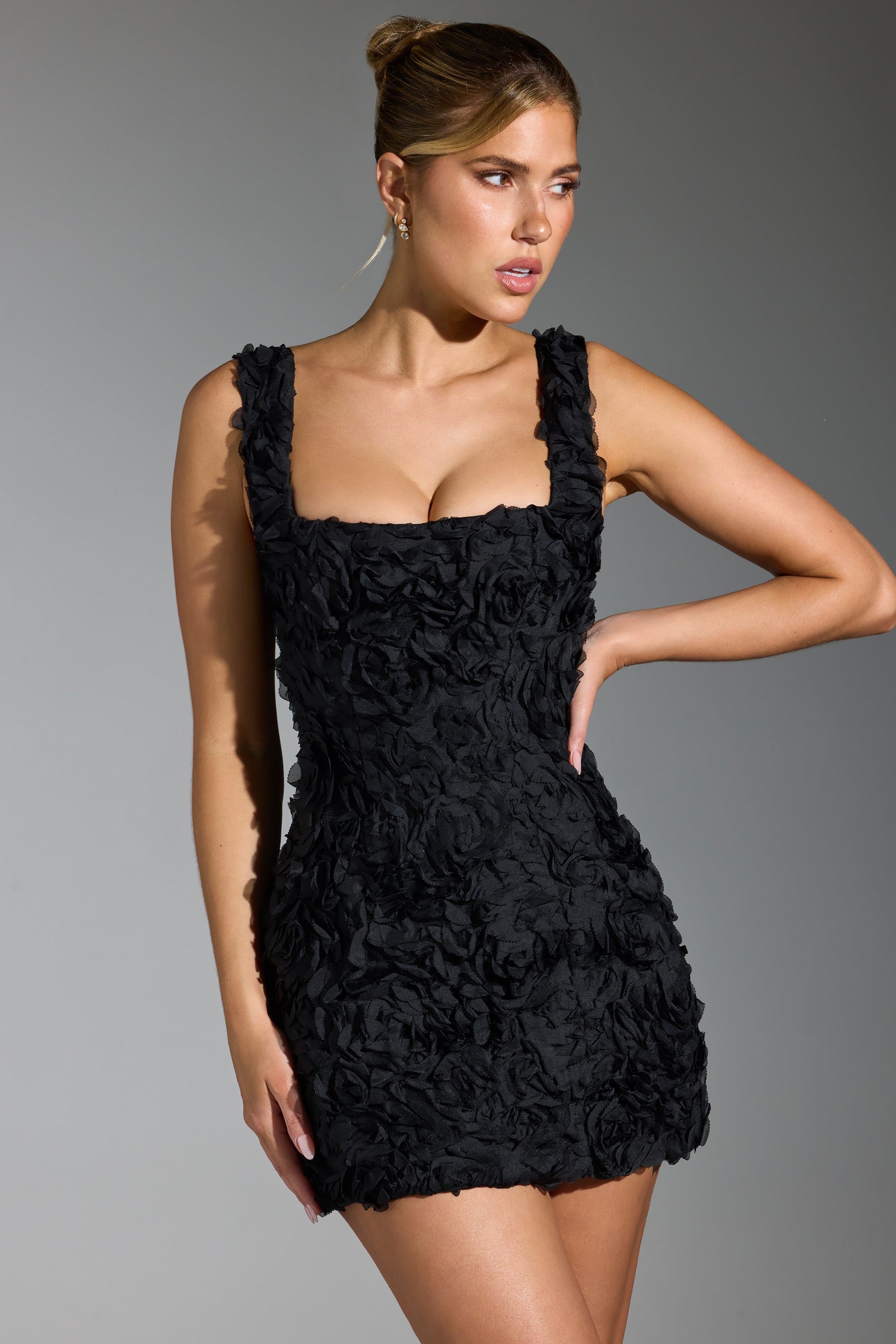 Floral-Appliqué Square-Neck Corset Mini Dress in Black