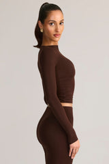 Modal Ruched Long-Sleeve Top in Chocolate Brown