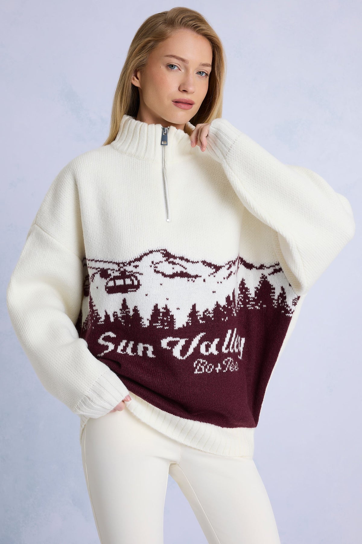 Knit Quarter-Zip Turtleneck Oversized Jumper in Burgundy