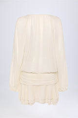 Lace-Up Balloon-Sleeve Mini Dress in Ivory