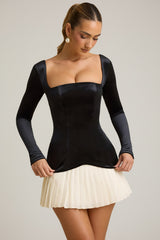 Layered Pleated Corset Mini Dress in Black