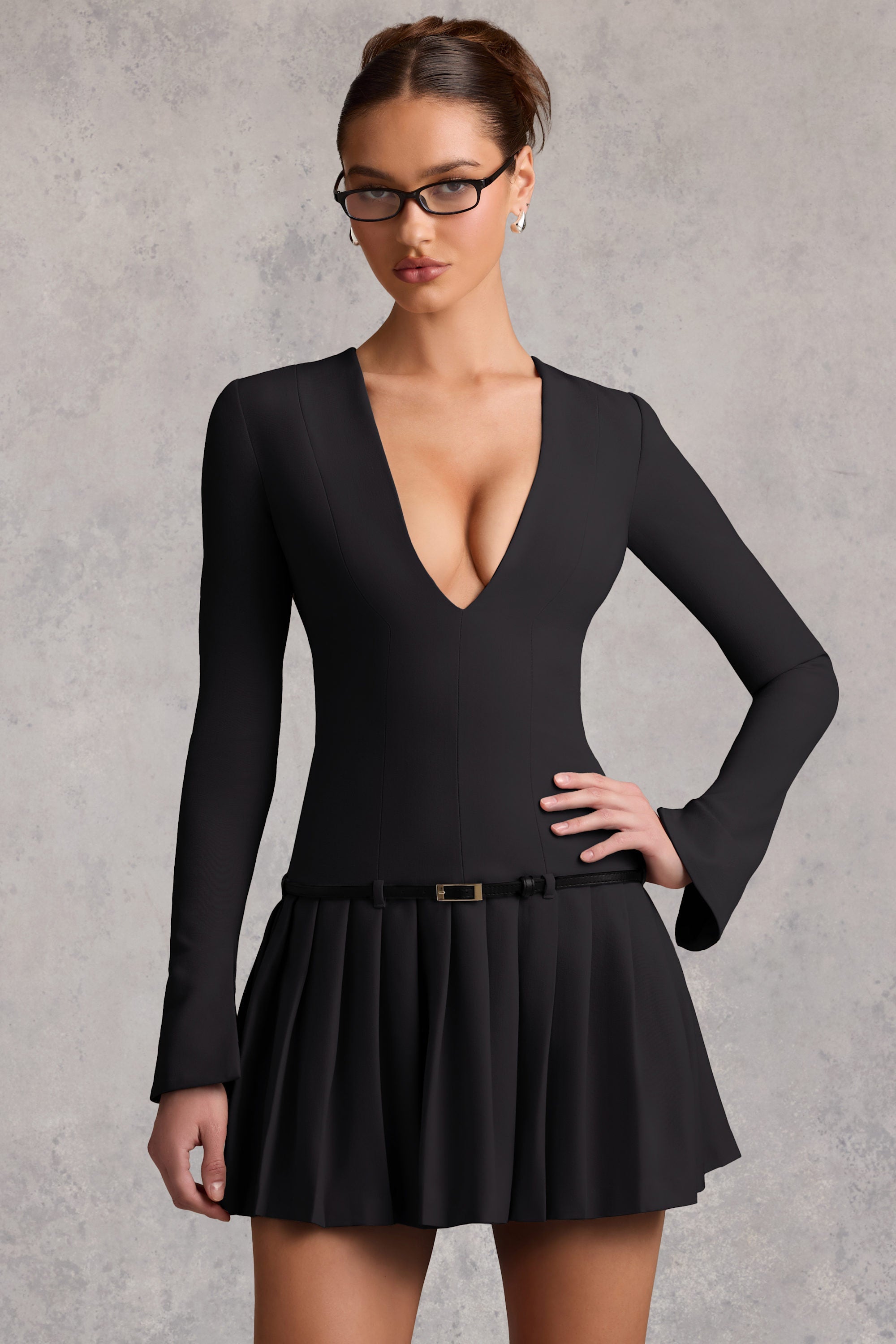 Long-Sleeve Pleated Mini Dress in Black