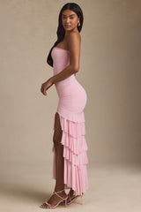 Bandeau Ruched Ruffle-Trim Maxi Dress in Blush