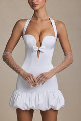 Bow-Detail Halterneck Bubble Hem Mini Dress in White