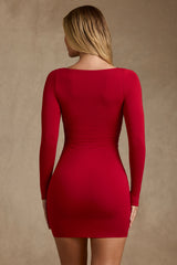 Modal Ruched Long-Sleeve Mini Dress in Red