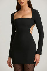 Pearl-Detail Cut-Out Mini Dress in Black