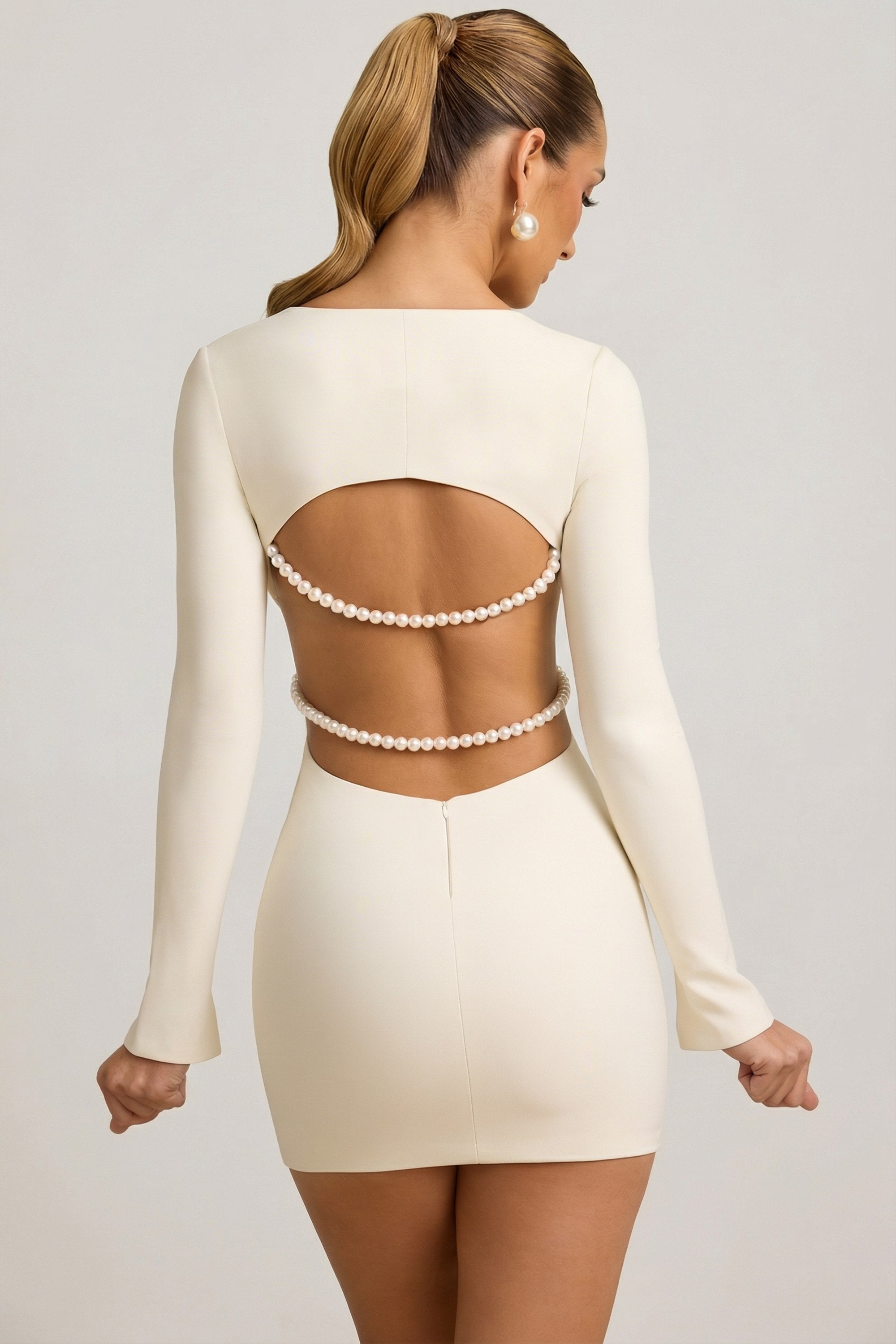 Pearl-Detail Cut-Out Mini Dress in Ivory