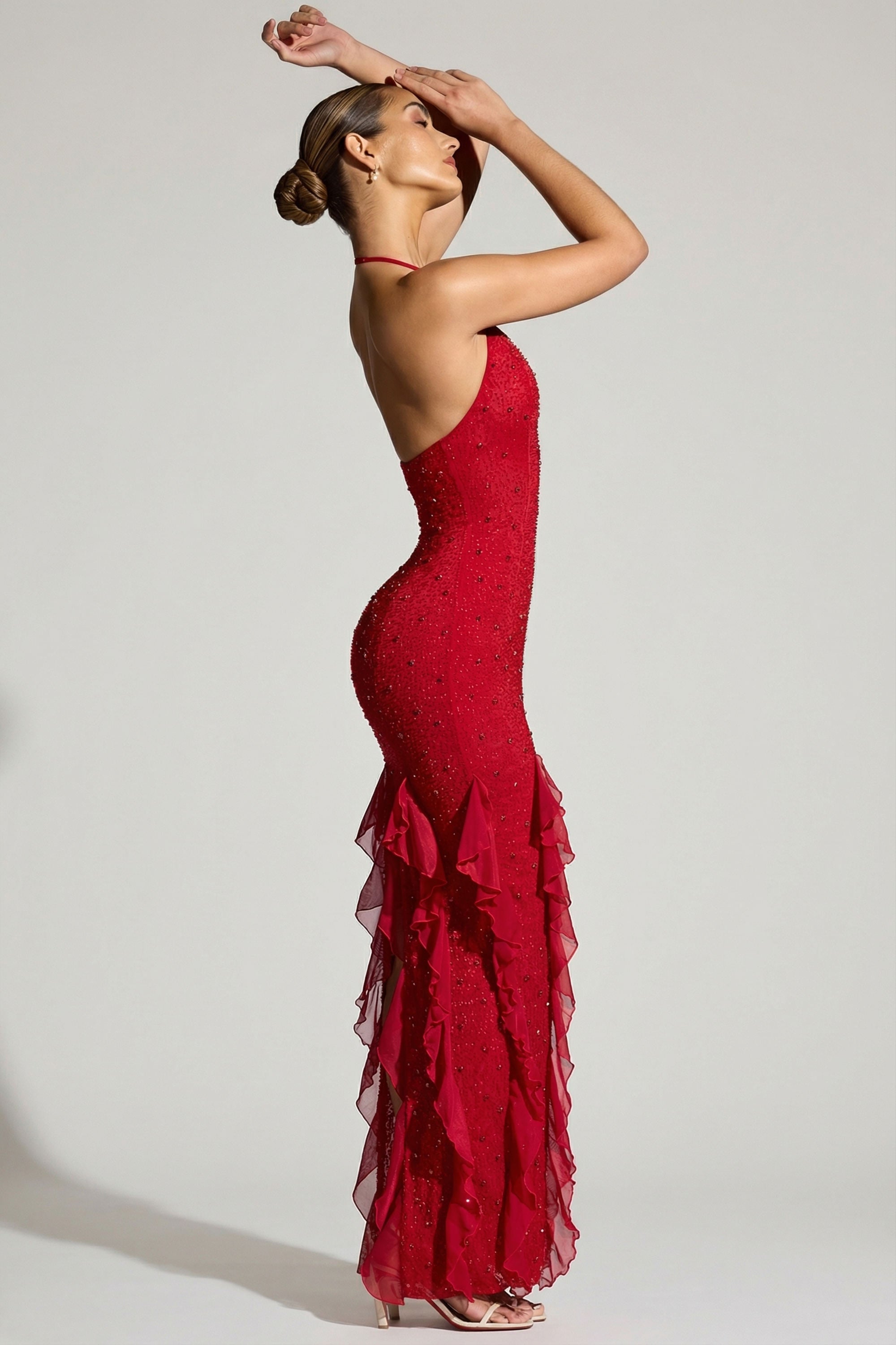 Embellished Halter Neck Ruffle Maxi Dress in Red