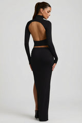 Modal Ruched Backless Turtleneck Top in Black