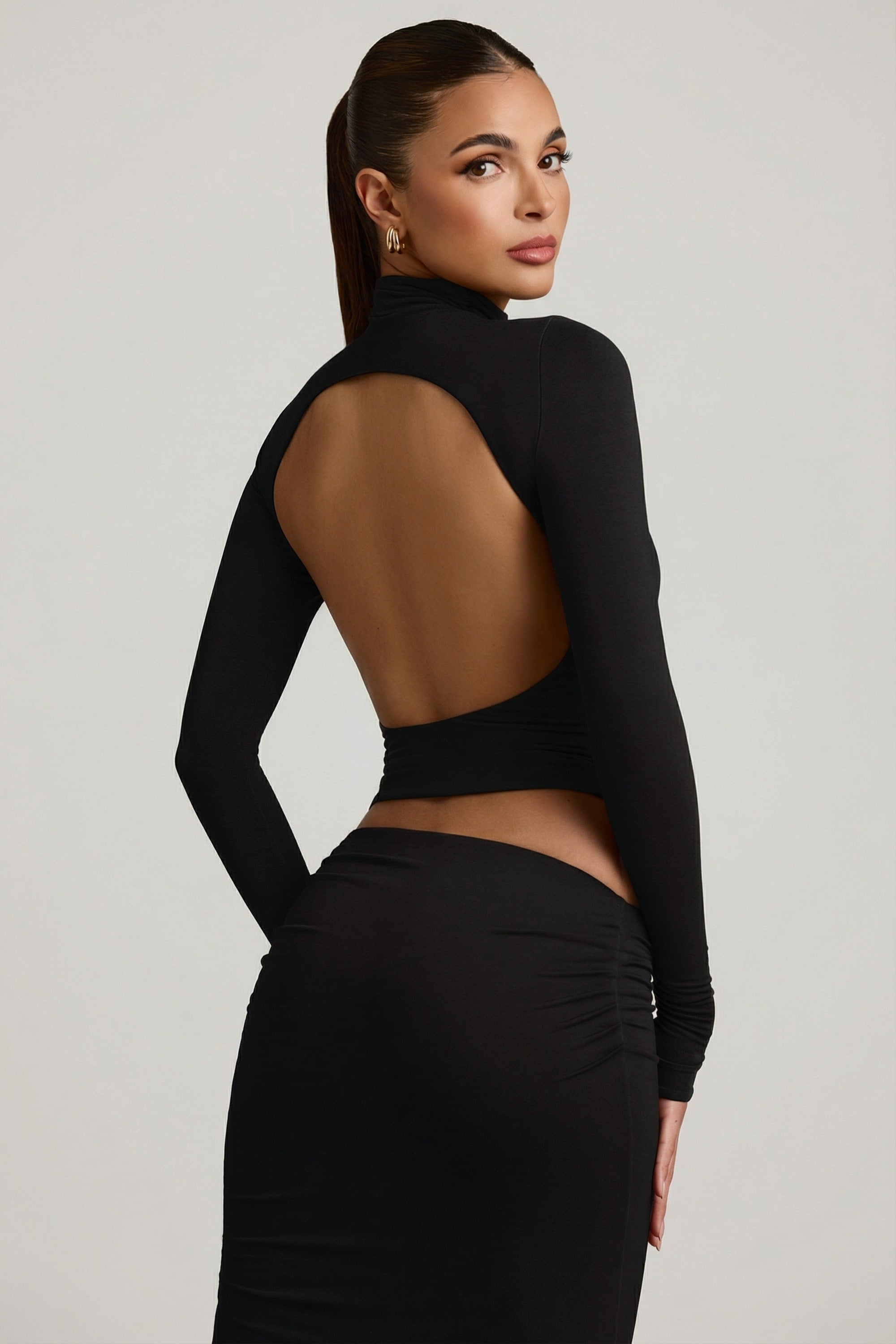 Modal Ruched Backless Turtleneck Top in Black