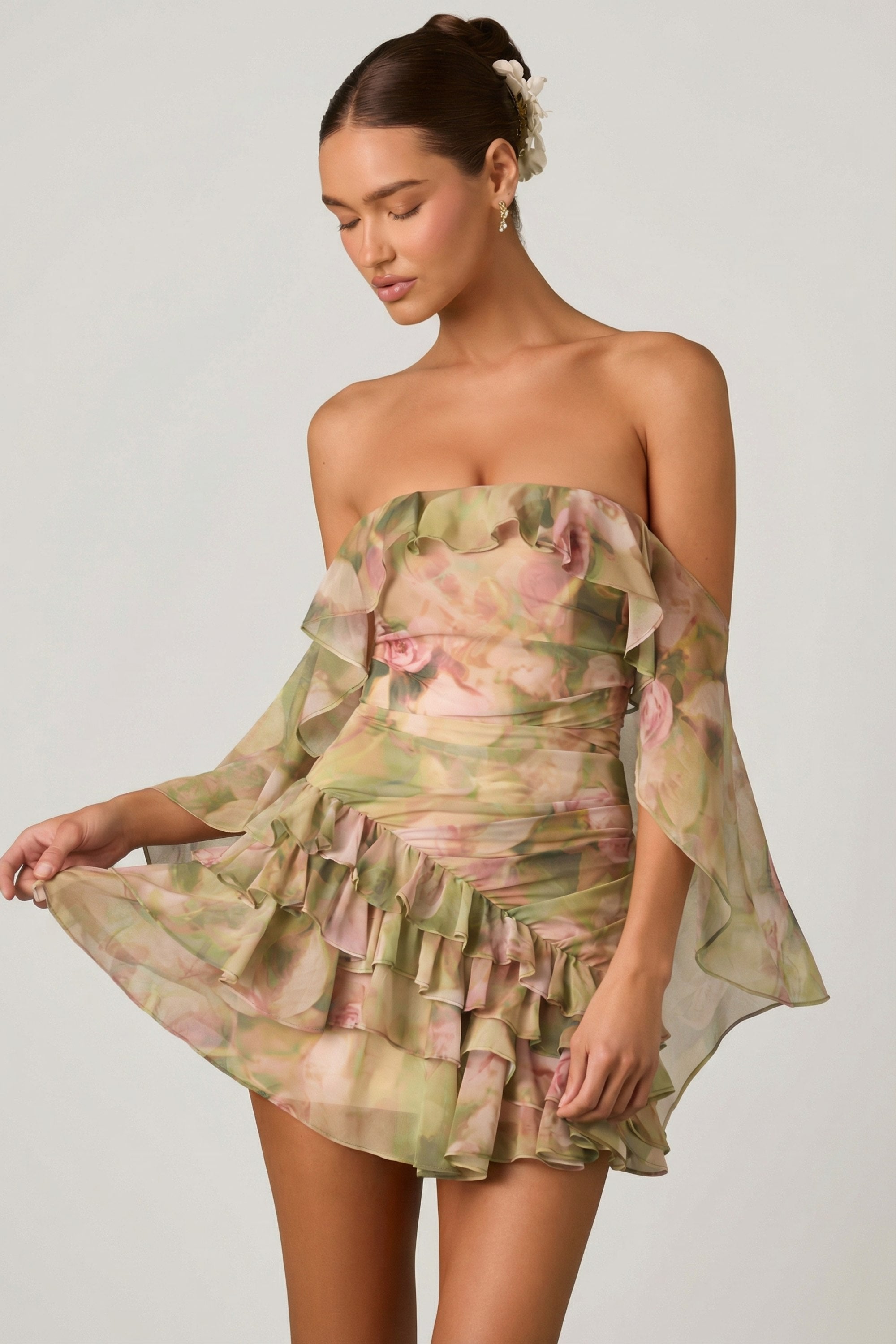 Off-Shoulder Ruffled Mini Dress in Floral Multi Print
