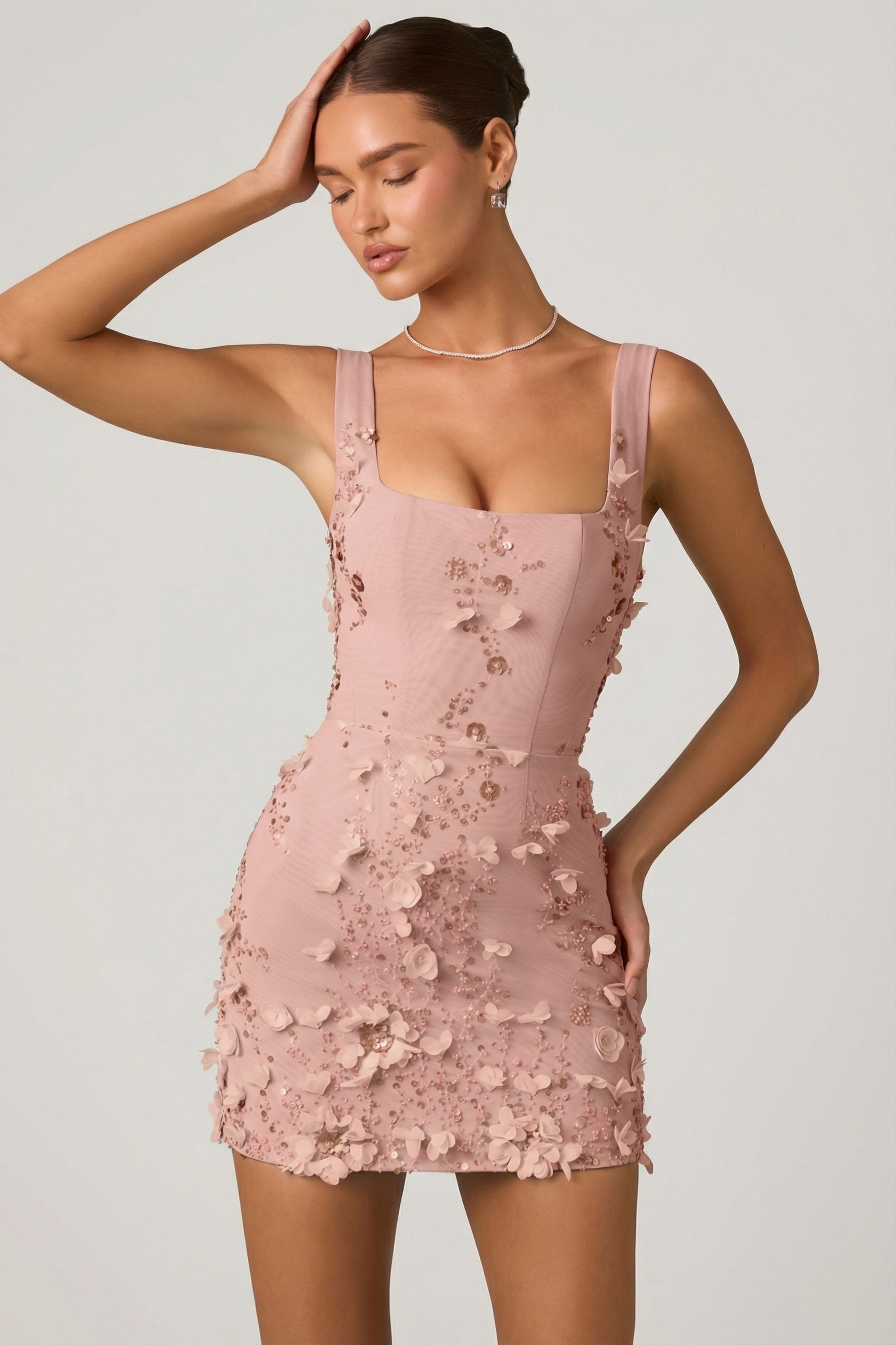 Embellished Appliqué Corset Mini Dress in Dusty Rose
