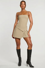 Woven Twill Wrap Over Pleated Mini Dress in Taupe