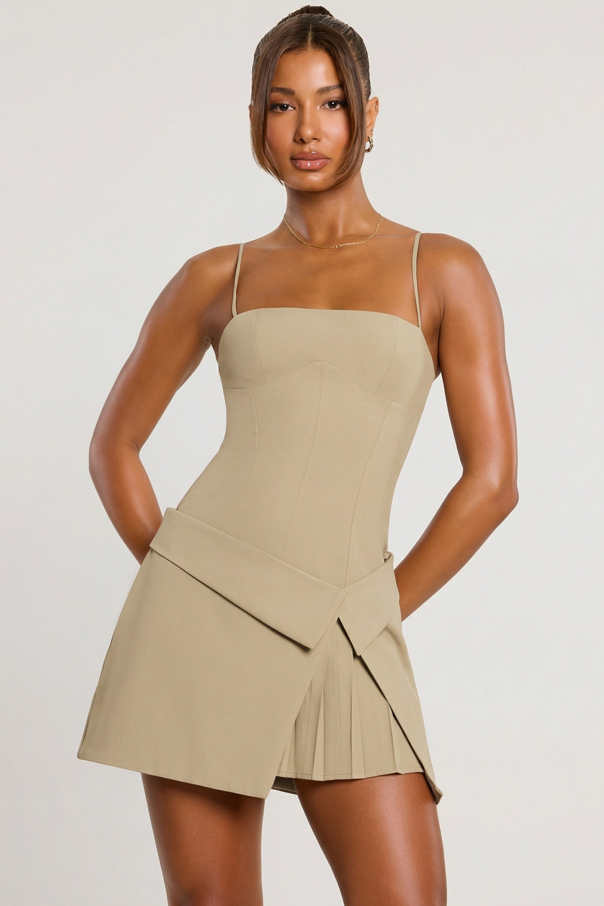Woven Twill Wrap Over Pleated Mini Dress in Taupe
