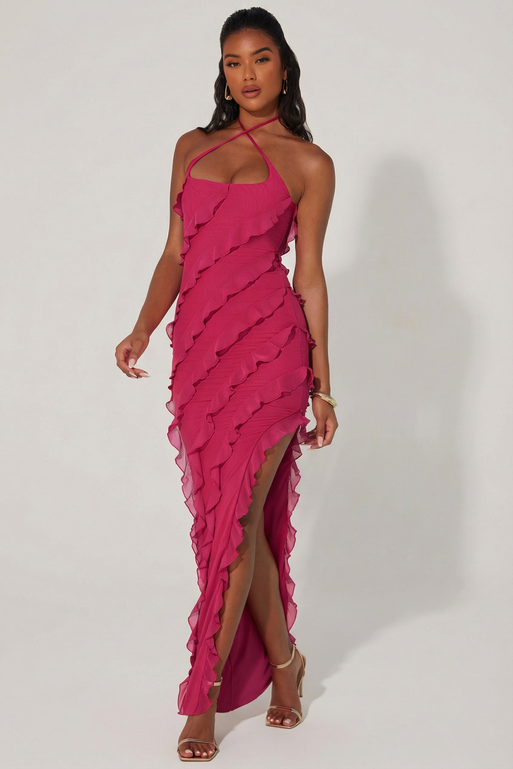 Cross Strap Ruffle Floor Length Dress in Fuchsia