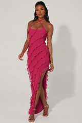 Cross Strap Ruffle Floor Length Dress in Fuchsia