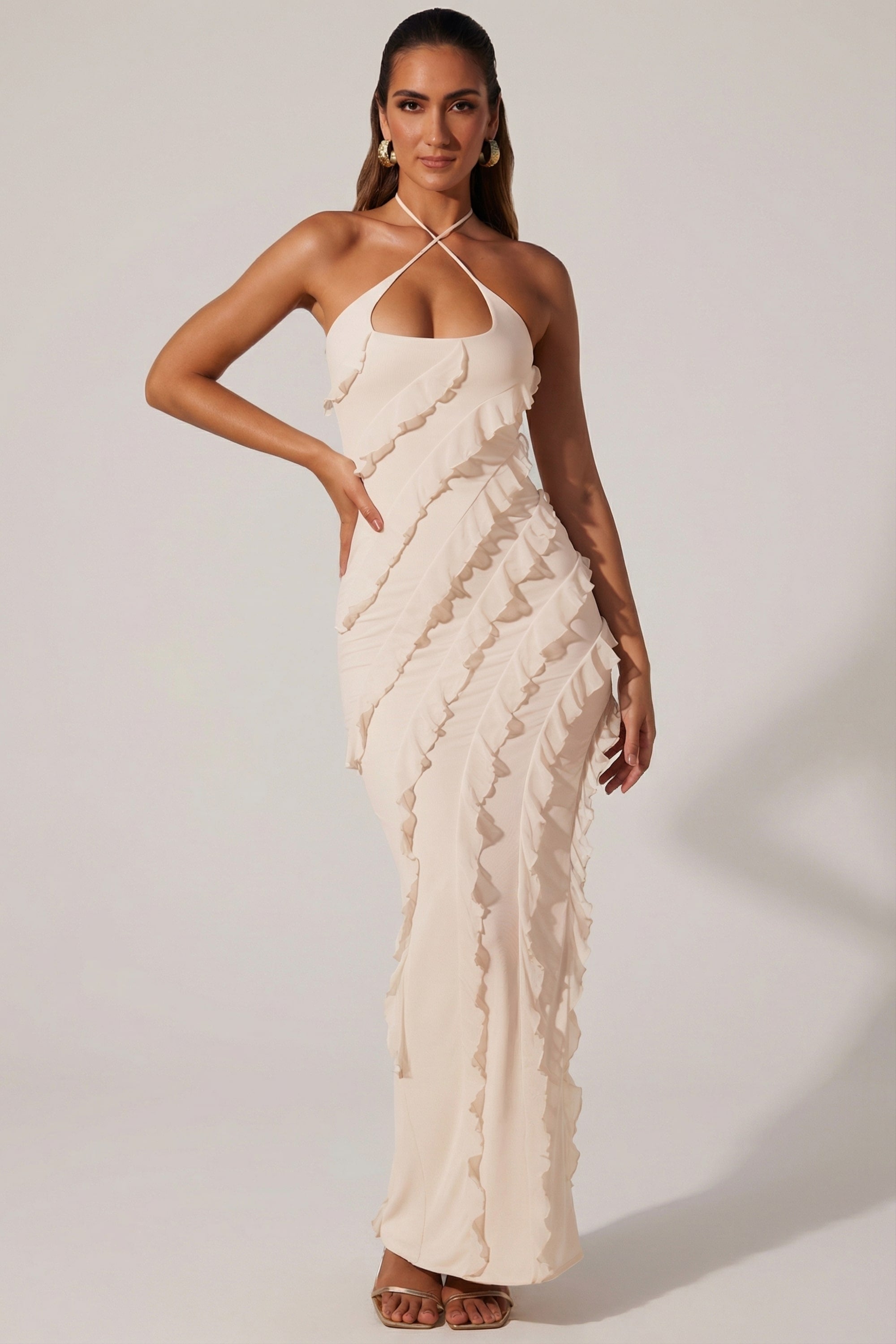 Cross Strap Ruffle Floor Length Dress in Ivory