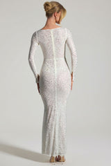 Embellished Long-Sleeve Fishtail Maxi Dress in White