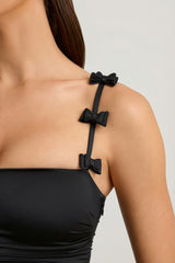 Bow-Detail Ruched Bubble Hem Mini Dress in Black